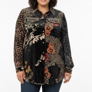 Paris Blue Velvet Burnout Patchwork Print Studded Blouse XL